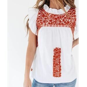 J. Marie Whitney Floral Embroidered Sleeveless Blouse Top White/Red Womens Large
